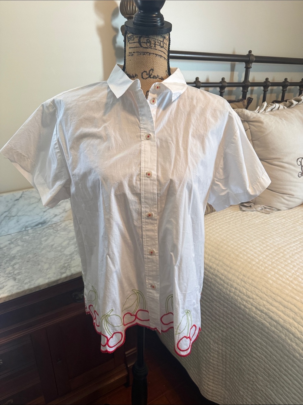 Maeve White Button-Up Top with Red Cherry Embroidery